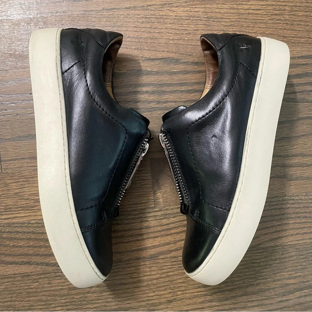 FRYE Lena Zip Up Platform Black Polished Soft Full Grain Leather Sneaker Size 7 - Picture 3 of 12